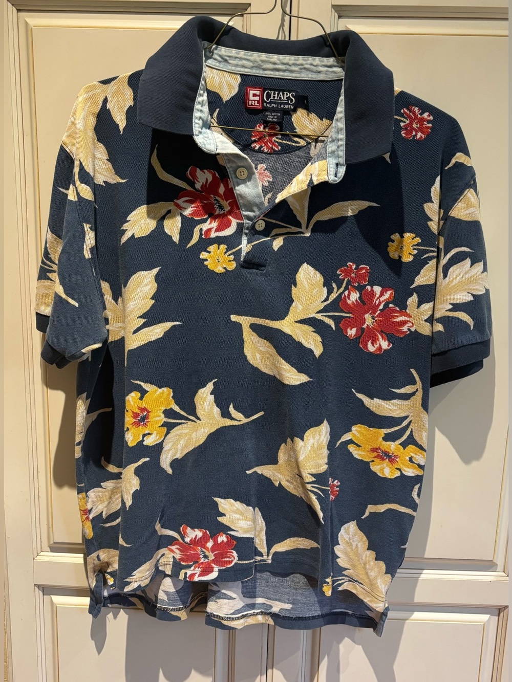 Chaps Ralph Lauren men size L polo shirt short sleeve blue flowers & leaves